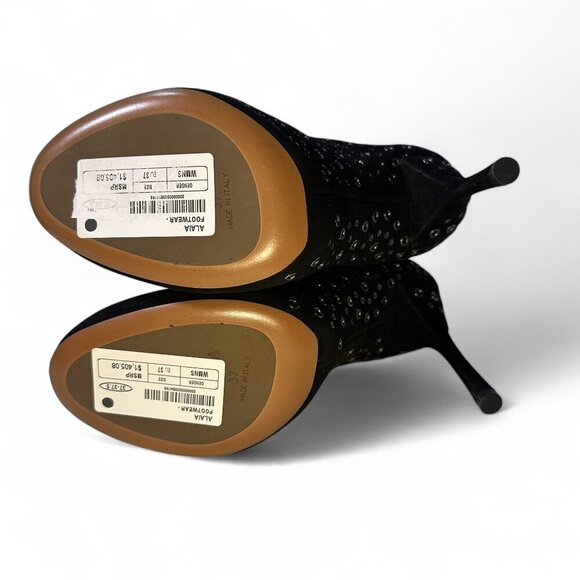 Alaia Women's Grommet Embellished Black Suede Mid Ankle Booties Size EU 37 NWOT - Picture 15 of 16